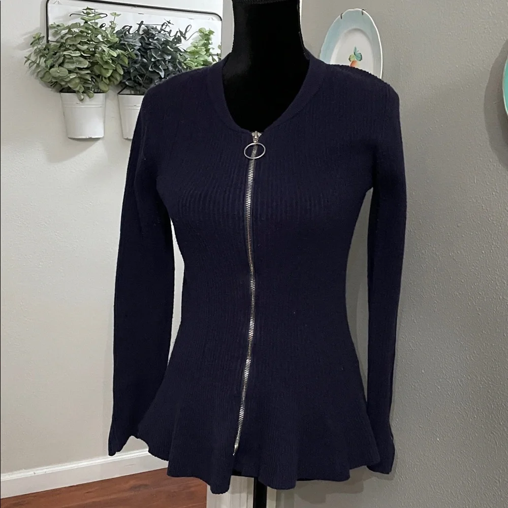 Venus Full Zip Ribbed Cardigan Sweater HiLo Navy Blue Long Slvs